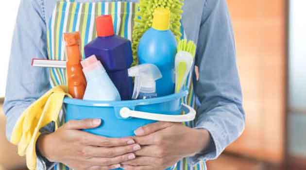 empleado domestico: empleada del hogar con utensilios de limpieza.